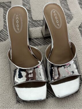 Metallic silver block heel sandals